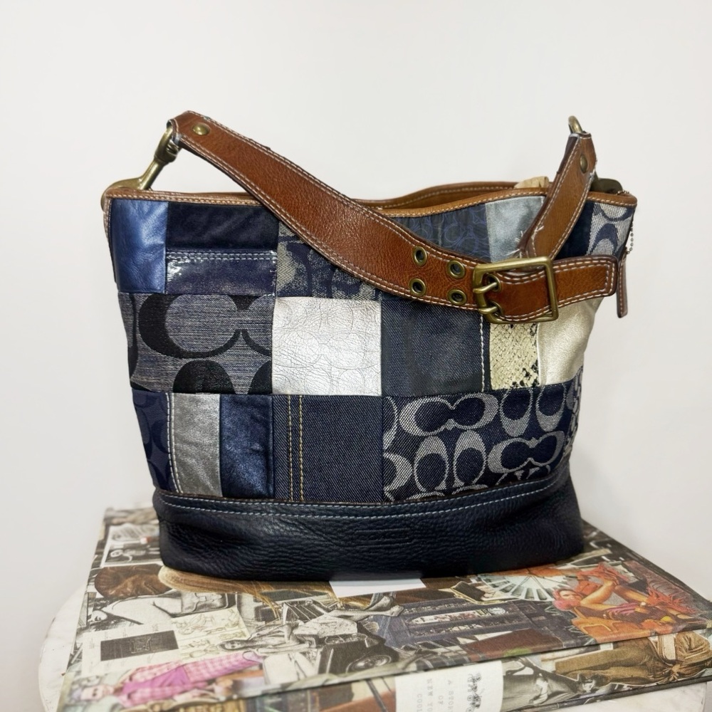 Coach Vintage Blue Denim Indigo Patchwork Shoulder Tote Bag Leather Style 10003